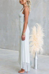 Glitter V Neck Backless Ruffle Slit Maxi Cami Dress