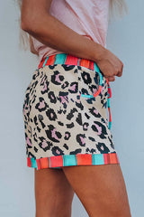 Heididress Drawstring Waist Stripes Splice Leopard Shorts