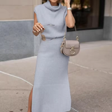 Cowl Neck Waisted Side Slit Midi Sweater Dress