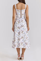Heididress Bow Shoulder Back Lace-up Floral Print Midi Cami Dress