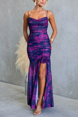 Spaghetti Strap Ruched Slit Floral Print Maxi Dress