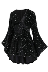 Black 1960s Star V-Neck Velvet Dress