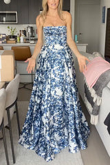 Heididress Strapless Back Lace-up Print Maxi Party Dress