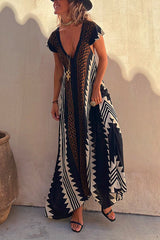 Heididress V Neck Short Sleeve Color Block Printed Maxi Swing Dress