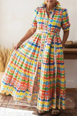 Colorful Square Art Print Collared Shirt Dress