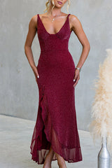 Glitter V Neck Backless Ruffle Slit Maxi Cami Dress