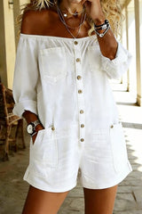 Women's Casual Cotton Denim Off-Shoulder Jumpsuit Shorts