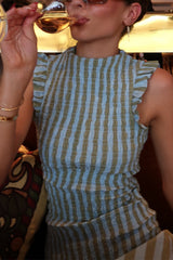 High Neck Sleeveless Smocked Bodice Striped Midi Dress