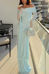 Heididress Off Shoulder Long Sleeves Knot Waist Draped Maxi Dress