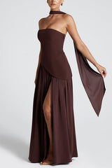 Heididress Strapless Back Lace-up High Slit Splice Maxi Dress