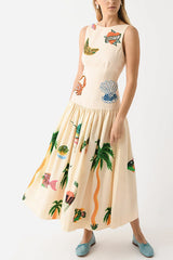 Sleeveless Tropic Print Open Back Ruffle Maxi Dress