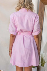 Rolled Up Sleeves Bow Waist Pocketed Mini Shift Dress