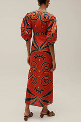 Heididress Knot Front Cut Out Puff Sleeves Side Slit Printed Midi Dress