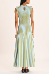 High Neck Sleeveless Smocked Bodice Striped Midi Dress