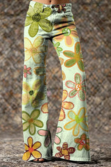 Women's Green Cute Floral Hippie Art Printed Casual Slim Denim Wide Leg Pants
