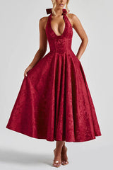 Heididress Halter V Neck Waisted Jacquard Swing Midi Party Dress
