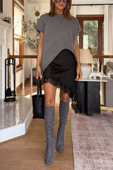 Crewneck Short Sleeves Irregular Hem Sweater Top