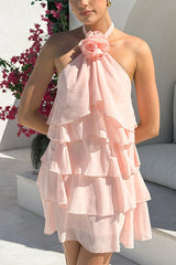 Flower Halter Neck Backless Ruffle Layered Mini Dress