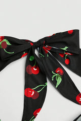 Vintage Cherry Print Halter Neck Dress, Sweet Slim-Fit Flared Skirt Elegant Evening Gown