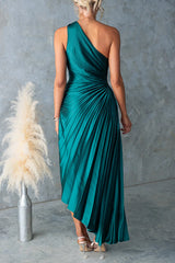Heididress One Shoulder Cut Out Waist Pleated Satin Maxi Dress