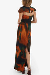 Strapless Cut Out Waist Back Slit Printed Maxi Dress