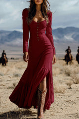 Heididress U Neck Buttop Up Long Sleeves Ruffle Slit Maxi Dress