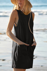 Solid Color Casual Round Neck Sleeveless Pocket Loose Rompers