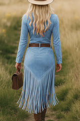 Retro Western Lapel Zipper Long Sleeve Tassel Midi Dress
