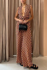 Heididress Chic Back Criss Cross Knot Waist Wide Leg Printed Jumpsuit