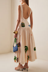 Sleeveless Tropic Print Open Back Ruffle Maxi Dress
