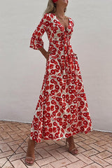 Tie Knot V Neck 3/4 Sleeves Abstract Print Maxi Swing Dress