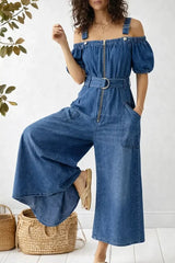 Women's Casual Denim Cotton Jumpsuit With Adjustable Shoulder Straps