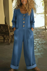 Casual V-Neck Button-Down Denim Jumpsuit