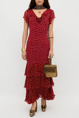 Vintage Red Polka Dot Ruffle Maxi Dress β Romantic Boho Summer Dress with Tiered Hem
