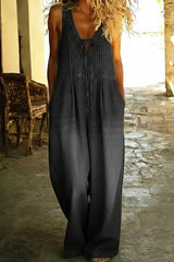 Casual Pleated Drawstring Loose Denim Jumpsuit
