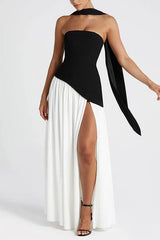 Heididress Strapless Back Lace-up High Slit Splice Maxi Dress
