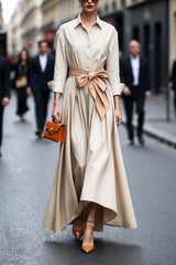 Heididress Lapel Long Sleeves Button Up Tie Waist Maxi Dress