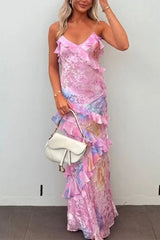 Heididress Spaghetti Strap Backless Ruffle Trim Printed Maxi Dress