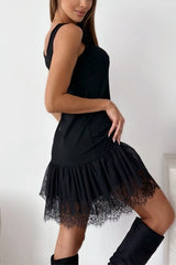 Round Neck Sleeveless Patchwork Lace Trim Mini Dress