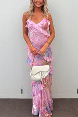 Heididress Ruffle Trim Open Back Printed Maxi Cami Dress