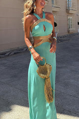 Tie Bow Backless Cut Out Color Block Maxi Dress