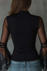 Daily Black Round Neck Long Sleeve See Through Vintage Zipper Tulle Blouses