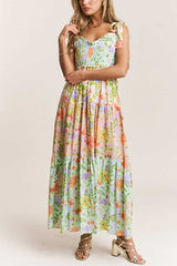 Heididress V Neck Bow Shoulder Tiered Floral Print Maxi Dress