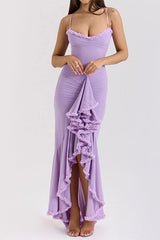 Heididress Spaghetti Strap Frill Trim Draped Slit Maxi Dress