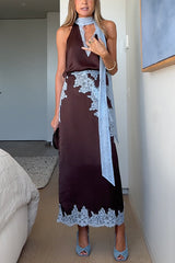 Chic Sleeveless V Neck Lace Trim Satin Top