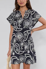 V Neck Short Sleeves Floral Print Mini Dress