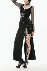 Punk Knitted Top with Mesh Overlay and Shoulder Buckle Details