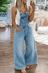 Women's Vintage Distressed Wide Leg Denim Overalls Casual Loose Fit Bib Jeans Jumpsuit