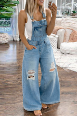 Vintage Ripped Wide Leg Denim Overalls Casual Loose Bib Jumpsuit