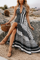 Elegant Polka Dot Halter Maxi Dress – Backless Flowy Summer Resort Dress